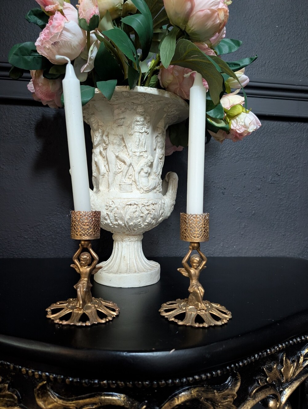 Vtg Set of 2,  Revlon Regency Gold Filigree Cherub  Brass Lipstick/Candle Holder